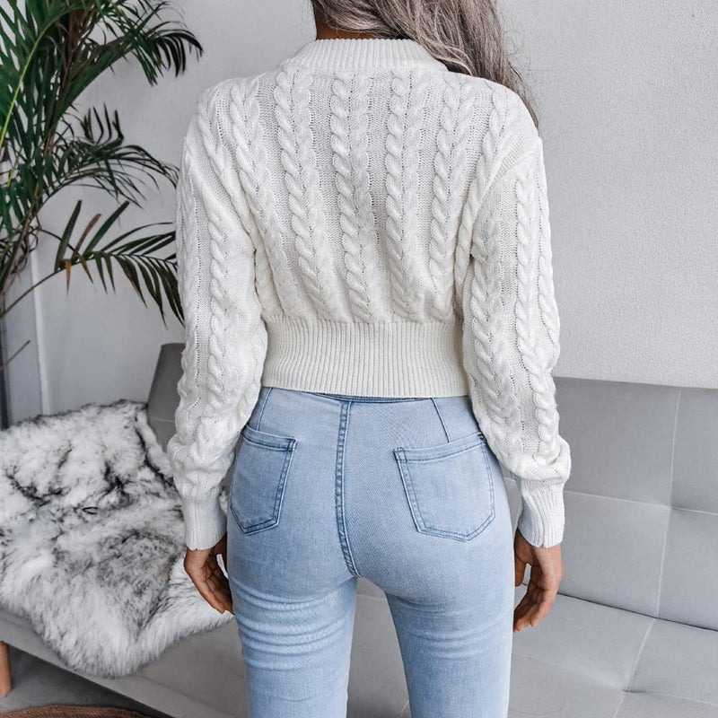 JUNBOON Women's Crewneck Long Sleeve Crop Sweater Twist Knitting Pullover Jumper Top - Image 4