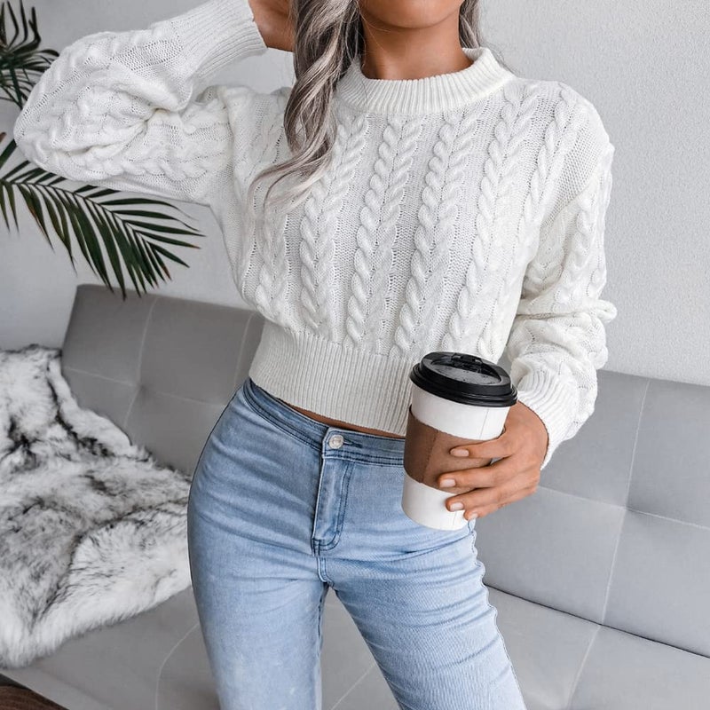 JUNBOON Women's Crewneck Long Sleeve Crop Sweater Twist Knitting Pullover Jumper Top - Image 2