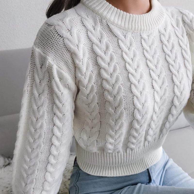 JUNBOON Women's Crewneck Long Sleeve Crop Sweater Twist Knitting Pullover Jumper Top - Image 5