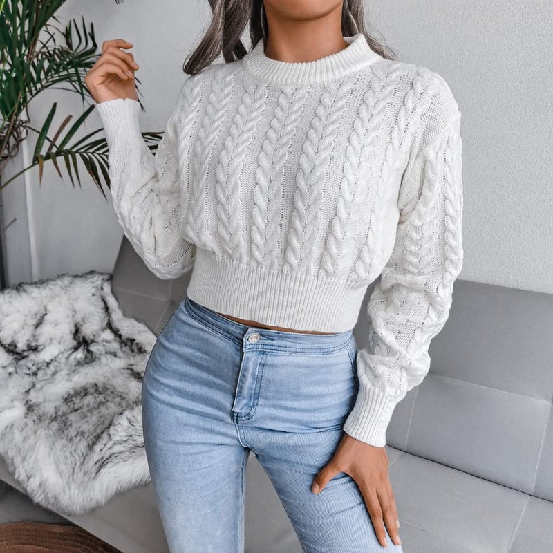JUNBOON Women's Crewneck Long Sleeve Crop Sweater Twist Knitting Pullover Jumper Top - Image 3