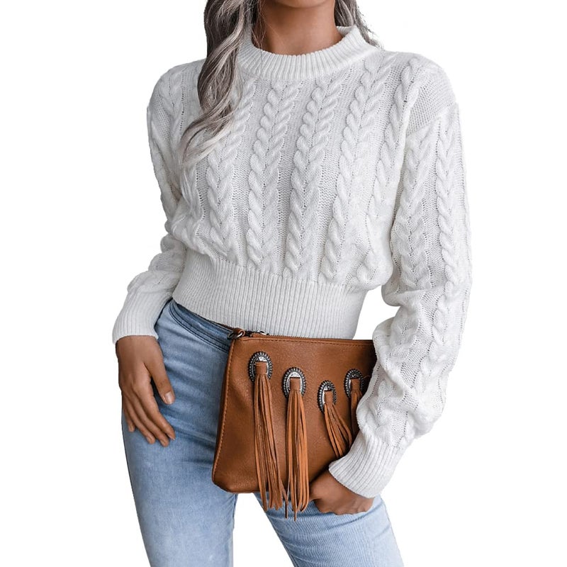 JUNBOON Women's Crewneck Long Sleeve Crop Sweater Twist Knitting Pullover Jumper Top - Image 1