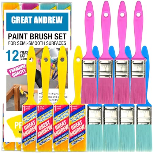 Greatandrew Great Andrew 12 PCS Small Paint Brushes1 Inch, Paint Brush for Painting Acrylic Oil Crafts DIY, Paint Brushes for Walls,Touch Up,Trim Painting Supplies - Image 1