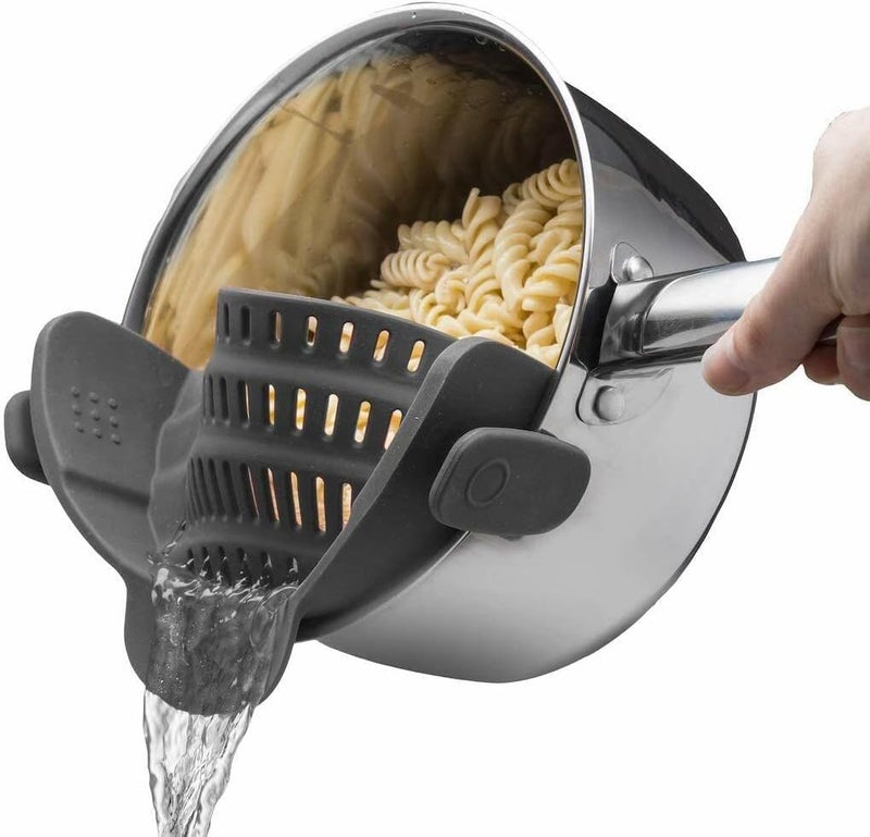 BIRZAR Kitchen Snap N Strain Pot Strainer and Pasta Strainer Adjustable Silicone Clip On Strainer for Pots Pans and Bowls Colander Kitchen Gadgets Noodle Strainer Food Strainer Gray - Image 1