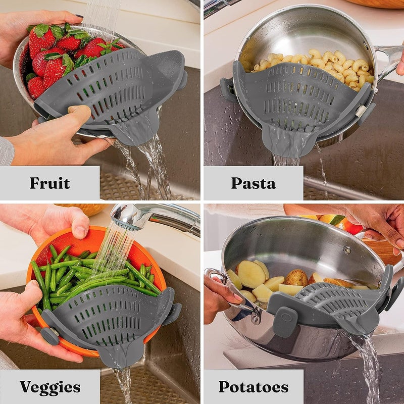 BIRZAR Kitchen Snap N Strain Pot Strainer and Pasta Strainer Adjustable Silicone Clip On Strainer for Pots Pans and Bowls Colander Kitchen Gadgets Noodle Strainer Food Strainer Gray - Image 4