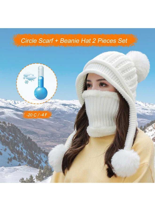 Huamulan Women Winter Beanie Hat Circle Scarf Set Pompoms Peruvian Ski Snow Ear Flaps Sherpa Slouchy Skull Knit Hats Fleece, E1925-baise, One size - Image 5