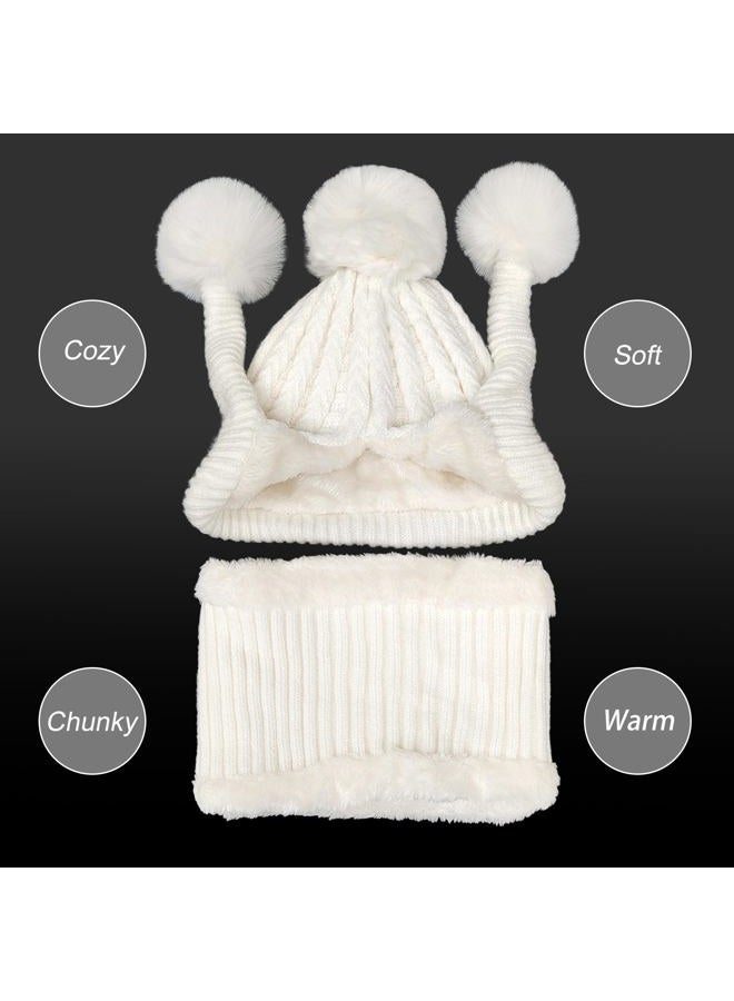 Huamulan Women Winter Beanie Hat Circle Scarf Set Pompoms Peruvian Ski Snow Ear Flaps Sherpa Slouchy Skull Knit Hats Fleece, E1925-baise, One size - Image 2