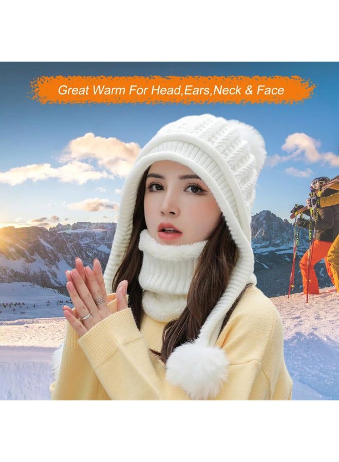 Huamulan Women Winter Beanie Hat Circle Scarf Set Pompoms Peruvian Ski Snow Ear Flaps Sherpa Slouchy Skull Knit Hats Fleece, E1925-baise, One size - Image 4