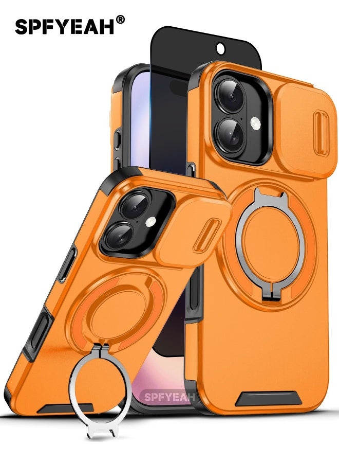 SPFYEAH [2-in-1] iPhone 17 Cover with Privacy Screen Protector, Slide Camera Cover, Built-in 360° Rotate Round Ring Kickstand, Heavy Duty Shockproof Case for iPhone 17 6.3 inch (Orange, 1+1 Pack) - Image 1