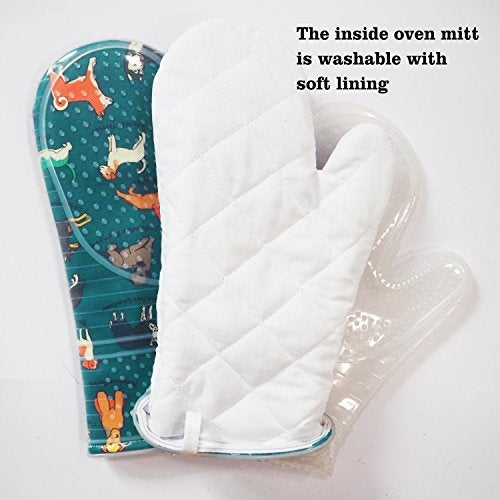 RED LMLDETA Oven Mitts Set of 2 with Transparent Clear Silicone Shell and Nice Dog Printing Cotton Lining, Heat Resistant to 500 F Kitchen Oven Gloves Pot Holder for Cooking (Blue) - Image 5