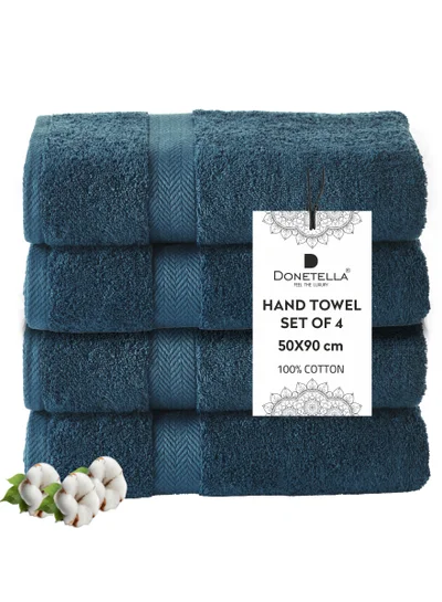 Donetella Premium 100 % Combed Cotton 4-Pcs Hand Towel Set (50 X 90 CM) 600 GSM Super Soft Hand Towel, Highly Absorbent, Quick Dry,Best Towel for Bathroom, Spa And Hotel,Dark Blue