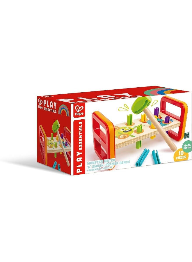 Hape Monster Match 'n' Smash Hammer Bench 10pcs, Colour Matching Hammer Bench, Color & Number Recognition, Educational Wooden Toy, Multicolour, Toys for 1 year & Up - Image 1