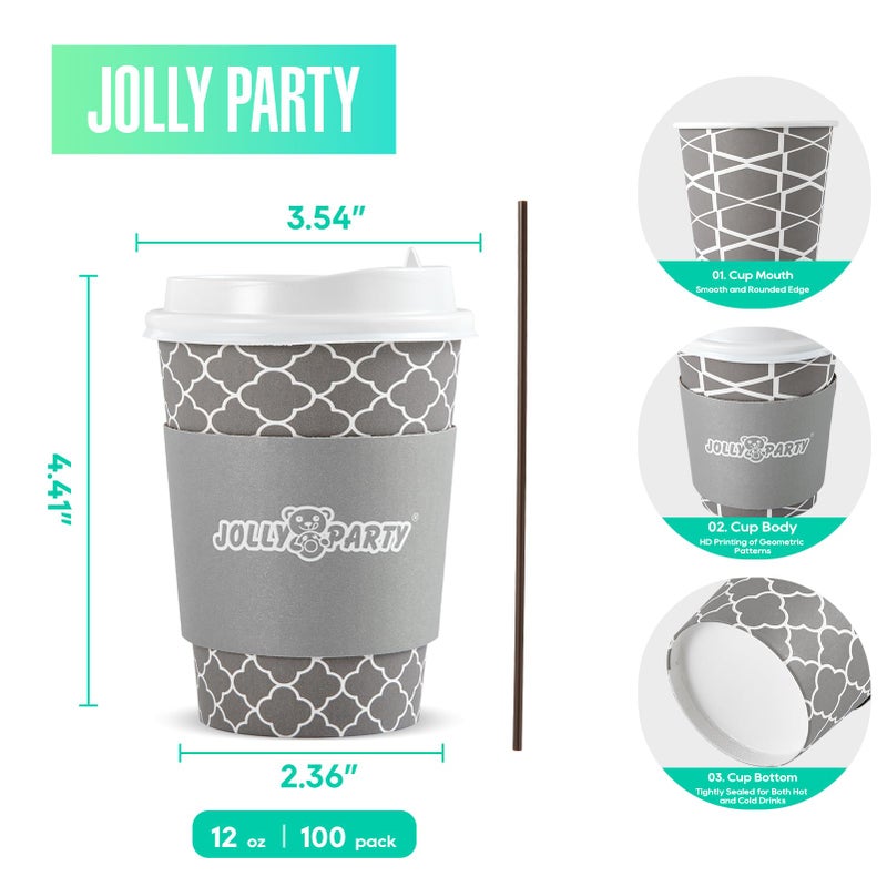 JOLLY PARTY [100 مجموعة] أكواب قهوة ورقية سعة 12 أونصة أكواب قهوة قابلة للتصرف مع أغطية وأكمام وشرايين أكواب مشروبات ساخنة وباردة للماء والقهوة أو الشاي أكواب قهوة للسفر مناسبة للمكتب والسفر - Image 2