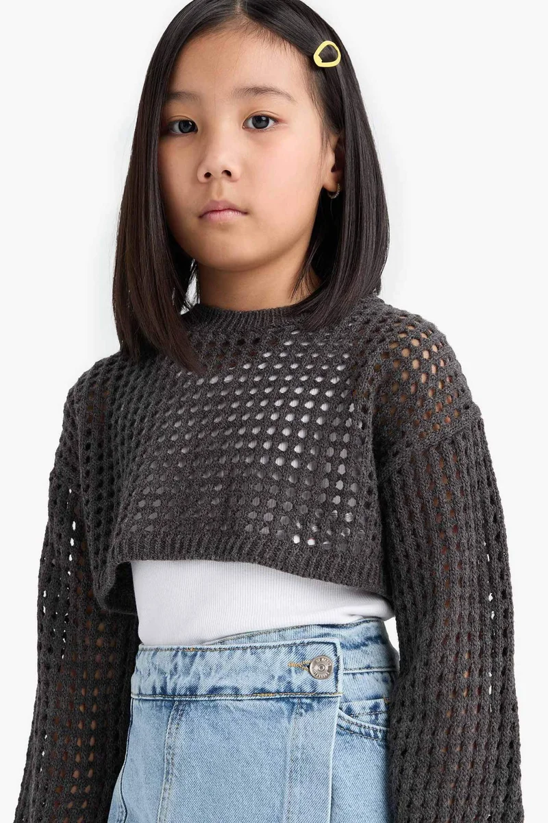 ديفاكتو Girl Crew Neck Openwork Crop Pullover