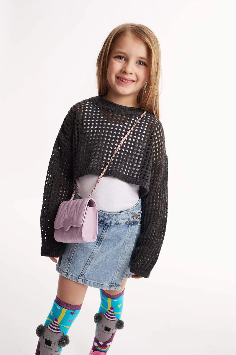 ديفاكتو Girl Crew Neck Openwork Crop Pullover