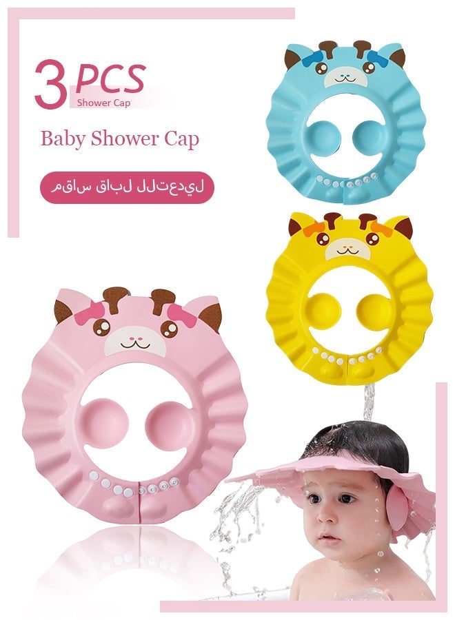3 Pcs Baby Shower Cap, Adjustable Shampoo Visor Bath Hat, Infants Soft Protection Safety, Protect Ear Eye Baby Hair Washing Aids for Baby Toddler Children Kids (Blue Pink Yellow) - Image 1