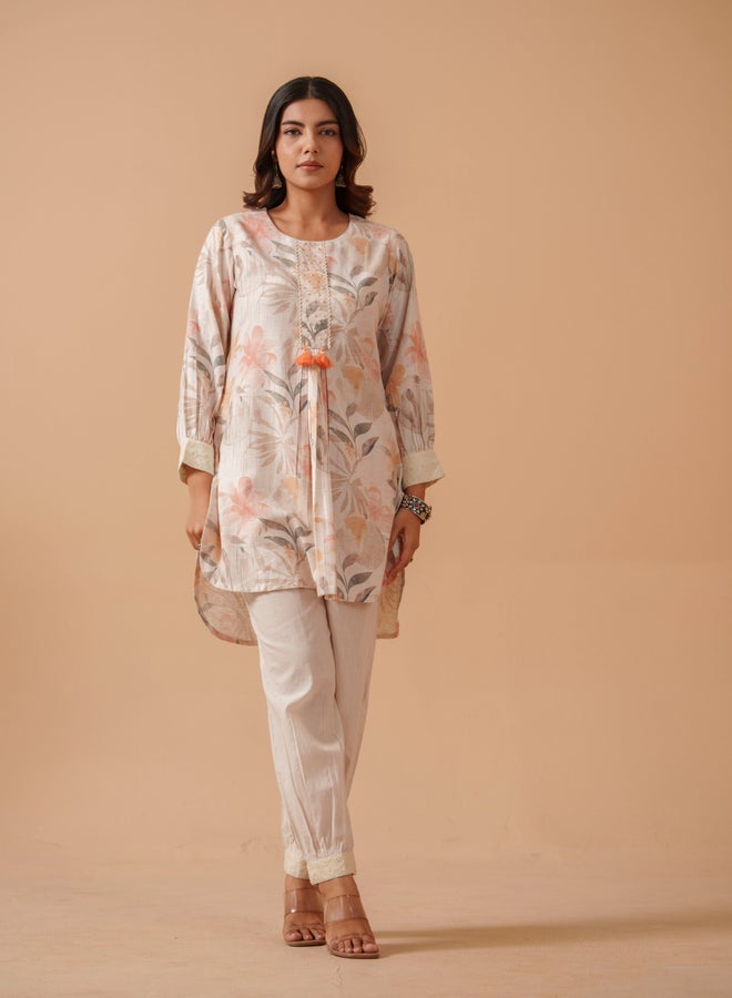 DW Floral Printed Pure Cotton Tunic with Trousers Co-Ords - Image 1