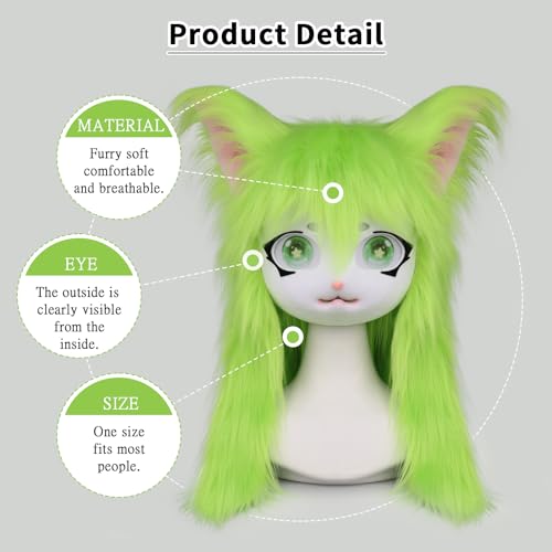 SMILETERNITY SMILETERNIT Animal Head Cat Fursuit Cut Mask Halloween Masquerade Cosplay Costume Props Green - Image 3