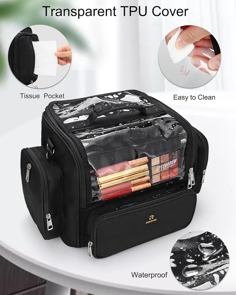 TANTO Makeup Brush Case Stand-up Makeup Cup Makeup Brush Holder Travel Professional Cosmetic Bag Artist Storage Bag with Shoulder Strap and Adjustable Divider (large black) - Image 4