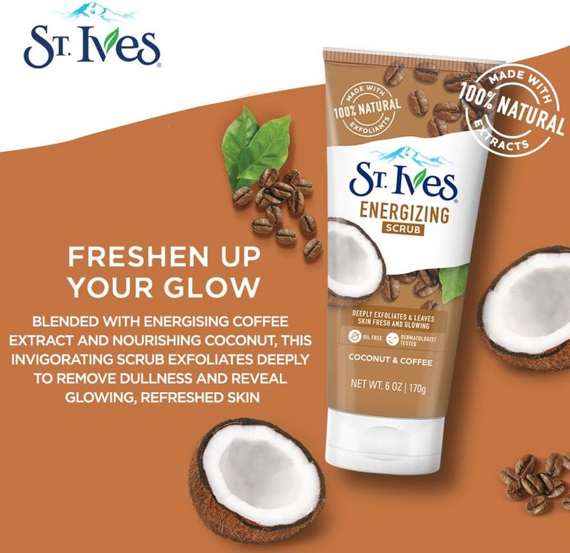 ST. Ives Energizing Coconut & Coffee Scrub with 100% Natural Exfoliants & Extracts | Exfoliating Face Scrub for Fresh & Glowing Skin | Dermatologically Tested for Men & Women| Paraben-Free | 170g - Image 2
