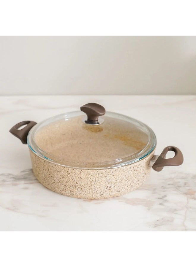 Falez Creamy Shallow Casserole 28x7cm – Nonstick Granite Low Casserole with Glass Lid – Induction Safe Elegant Stone-Look Cookware - Image 1