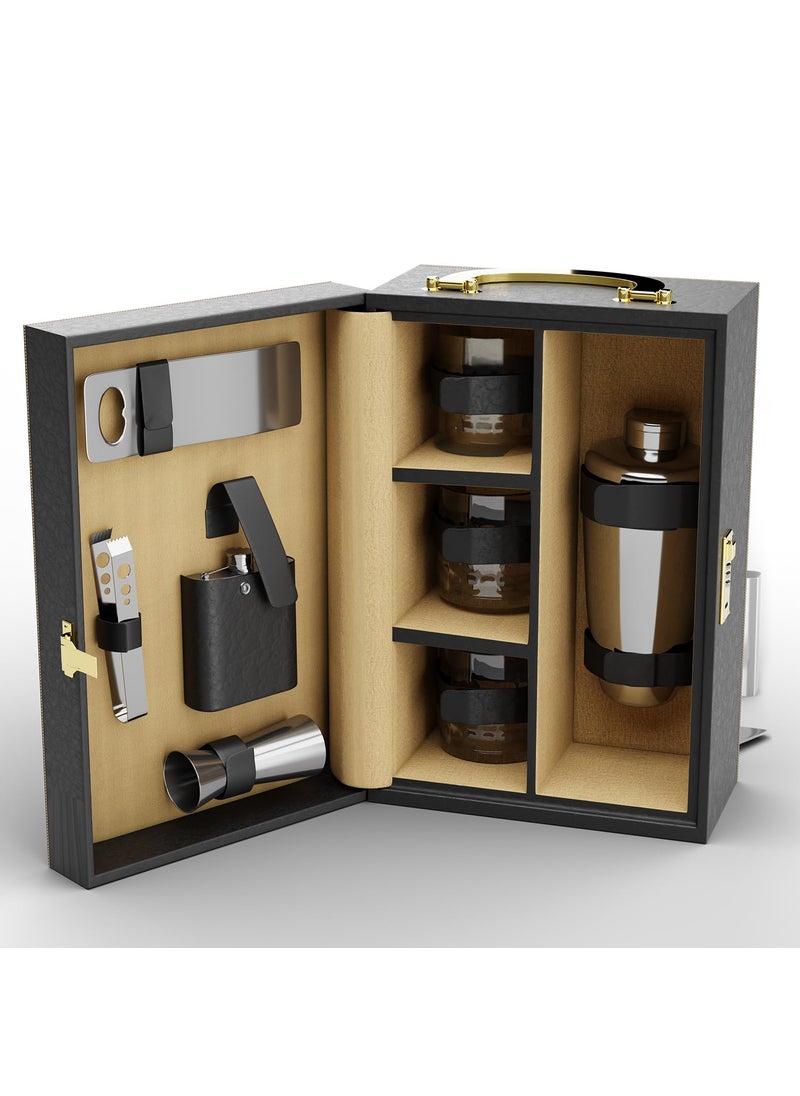 Lifelong - Lifelong Bar Set | Cocktail Set | Bar Accessories for Home & Gift | Includes Cocktail Shaker, Tong, Jigger, Opener, Hip Flask, Tumbler Glass | Stainless Steel | Mini Bar Kit for Home (Black) - Image 1