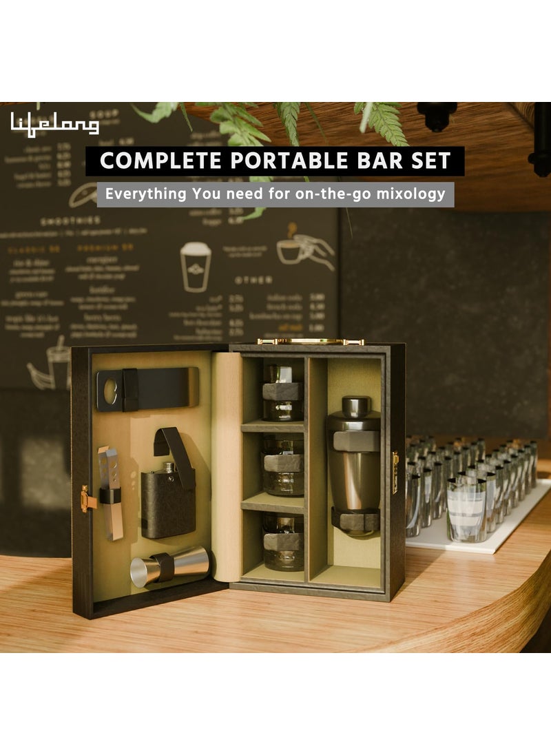 Lifelong - Lifelong Bar Set | Cocktail Set | Bar Accessories for Home & Gift | Includes Cocktail Shaker, Tong, Jigger, Opener, Hip Flask, Tumbler Glass | Stainless Steel | Mini Bar Kit for Home (Black) - Image 1