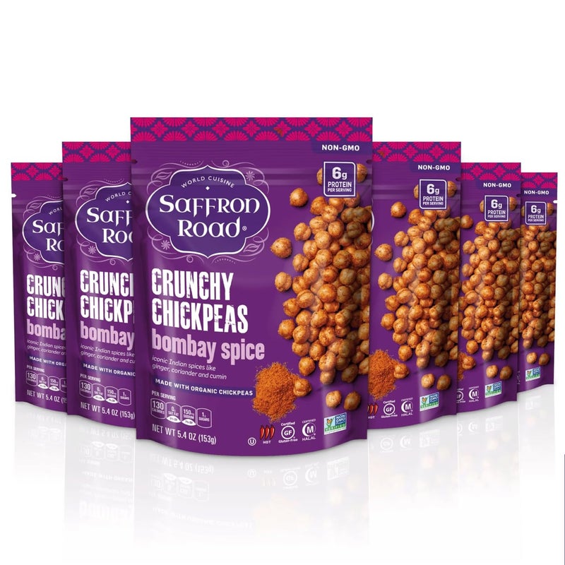 Saffron Road Roasted and Crunchy Bombay Spice Chickpeas High Protein Snacks Glutenfree Vegan NonGMO and Certified Halal and Kosher 54oz Pouch Pack of 6