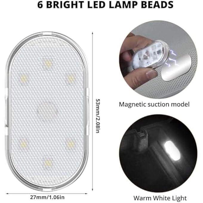 wisfunlly 2Pcs Car Led Lights Wireless Led Touch Lights For Car Interior Portable Interior Cars Lights With 6 Bright Led Lamp Beads Usb Rechargeable Lighting Emergency LightWhite Light - Image 4