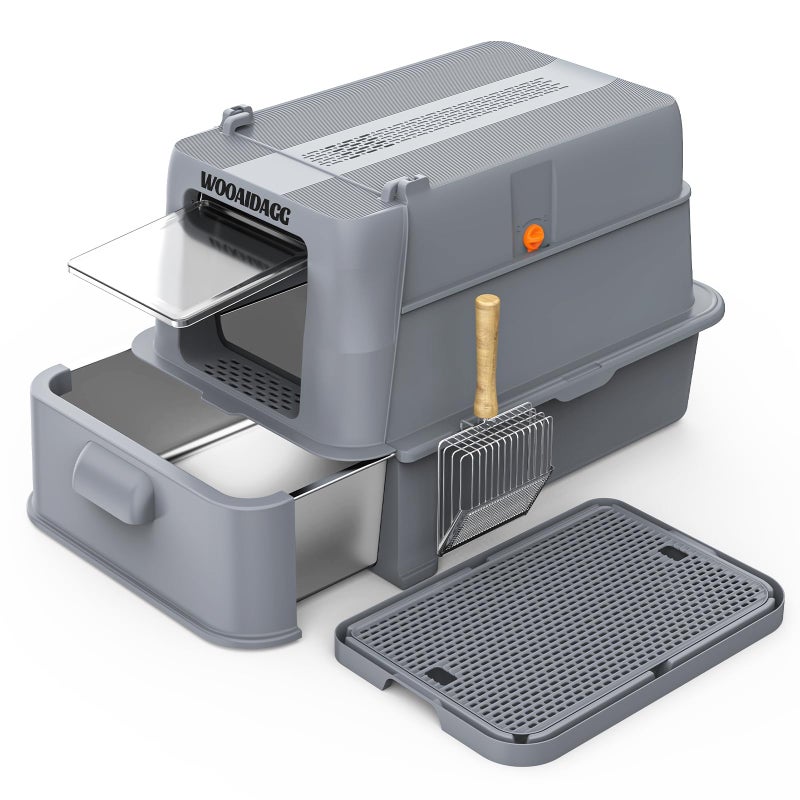 Wooaidagg Enclosed Stainless Steel Cat Litter Box with Odor Control, Modular Design with Drawer and Flip Door, Easy to Clean and Wash,Non-Stick Interior,Extra Large Size Fits All Cats(Dark Grey) - Image 1