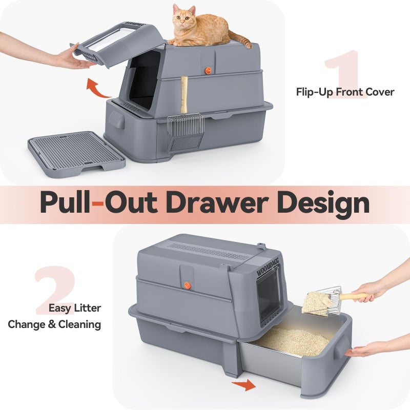 Wooaidagg Enclosed Stainless Steel Cat Litter Box with Odor Control, Modular Design with Drawer and Flip Door, Easy to Clean and Wash,Non-Stick Interior,Extra Large Size Fits All Cats(Dark Grey) - Image 2
