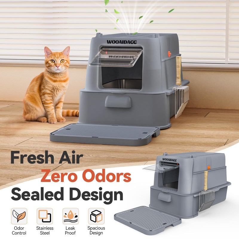Wooaidagg Enclosed Stainless Steel Cat Litter Box with Odor Control, Modular Design with Drawer and Flip Door, Easy to Clean and Wash,Non-Stick Interior,Extra Large Size Fits All Cats(Dark Grey) - Image 4