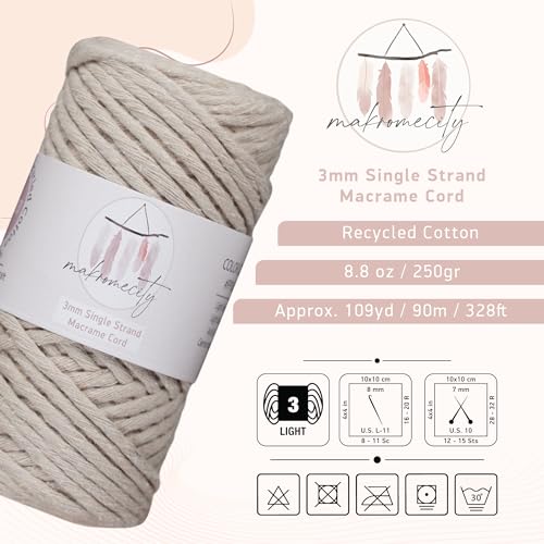 Makromecity, Single Strand Macrame Cord 3 mm x 100 Yards (300 feet) 3mm Single Strand Latte Cotton Cord for Macrame Art & Crafts for Wall Hangings Recycled Cotton Cord Yarn DIY (Latte, 1 Skein) - Image 2
