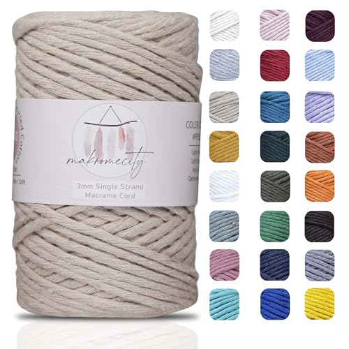 Makromecity, Single Strand Macrame Cord 3 mm x 100 Yards (300 feet) 3mm Single Strand Latte Cotton Cord for Macrame Art & Crafts for Wall Hangings Recycled Cotton Cord Yarn DIY (Latte, 1 Skein) - Image 1