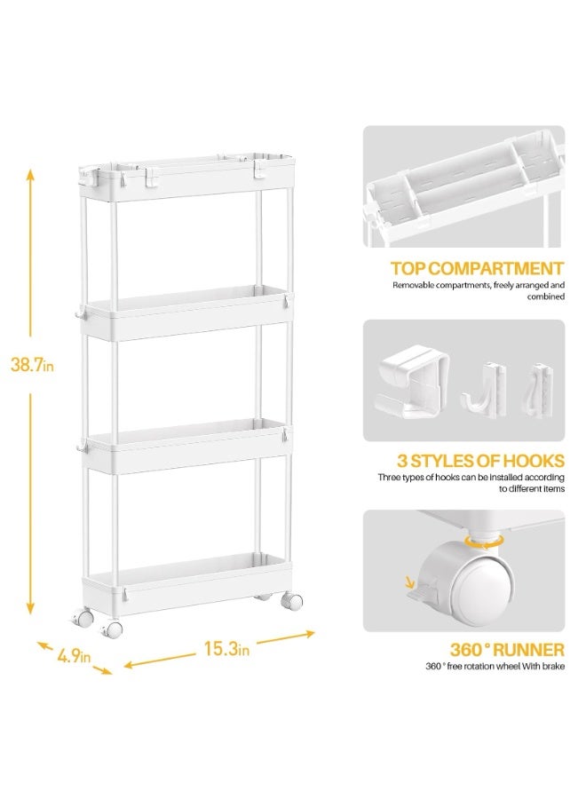 LEFAFA Slim Rolling Storage Cart with Wheels, 4 Tier Skinny Bathroom Storage Organizer Narrow Shelf Unit Thin Laundry Room Utility Cart for Bedside Kitchen Office Next to Fridge Small Places, White - Image 2