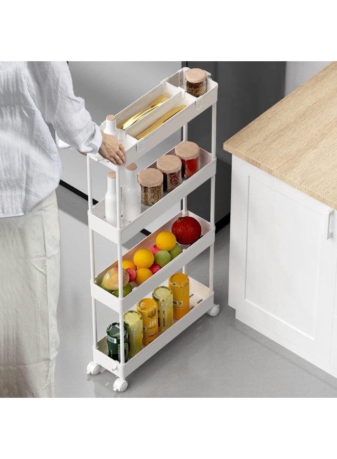 LEFAFA Slim Rolling Storage Cart with Wheels, 4 Tier Skinny Bathroom Storage Organizer Narrow Shelf Unit Thin Laundry Room Utility Cart for Bedside Kitchen Office Next to Fridge Small Places, White - Image 3