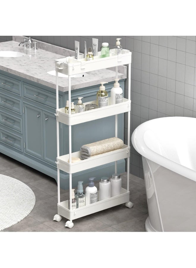 LEFAFA Slim Rolling Storage Cart with Wheels, 4 Tier Skinny Bathroom Storage Organizer Narrow Shelf Unit Thin Laundry Room Utility Cart for Bedside Kitchen Office Next to Fridge Small Places, White - Image 1