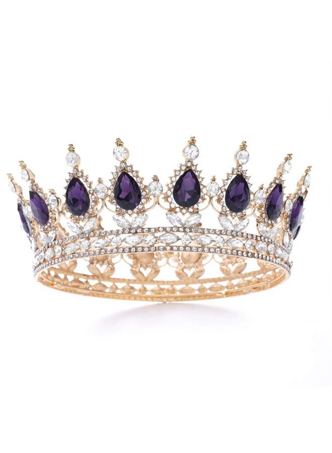 Foyte Baroque Queen Crown and Tiaras Sparkly Rhinestone Wedding Crown Bride Tiaras Princess Full Round Tiaras Headpieces for Women and Girls (Purple) - Image 1