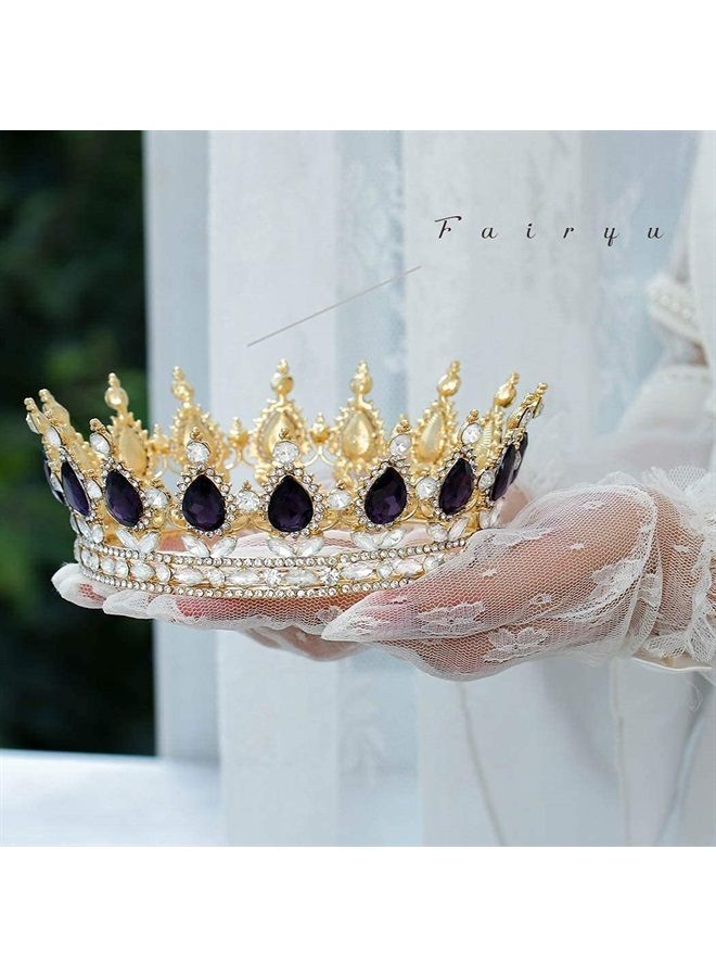 Foyte Baroque Queen Crown and Tiaras Sparkly Rhinestone Wedding Crown Bride Tiaras Princess Full Round Tiaras Headpieces for Women and Girls (Purple) - Image 2