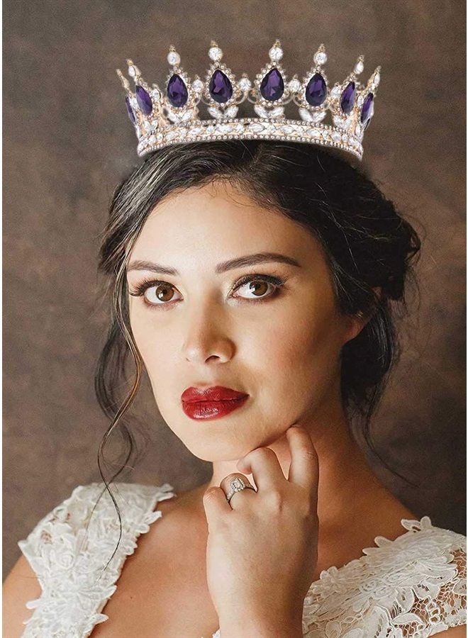 Foyte Baroque Queen Crown and Tiaras Sparkly Rhinestone Wedding Crown Bride Tiaras Princess Full Round Tiaras Headpieces for Women and Girls (Purple) - Image 3