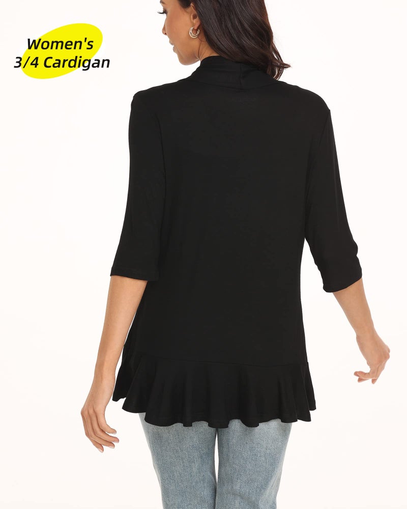 Argstar Black Cardigan for Women 3/4 Sleeve, Lightweight Open Front Casual Soft Draped Ruffles XL - Image 3