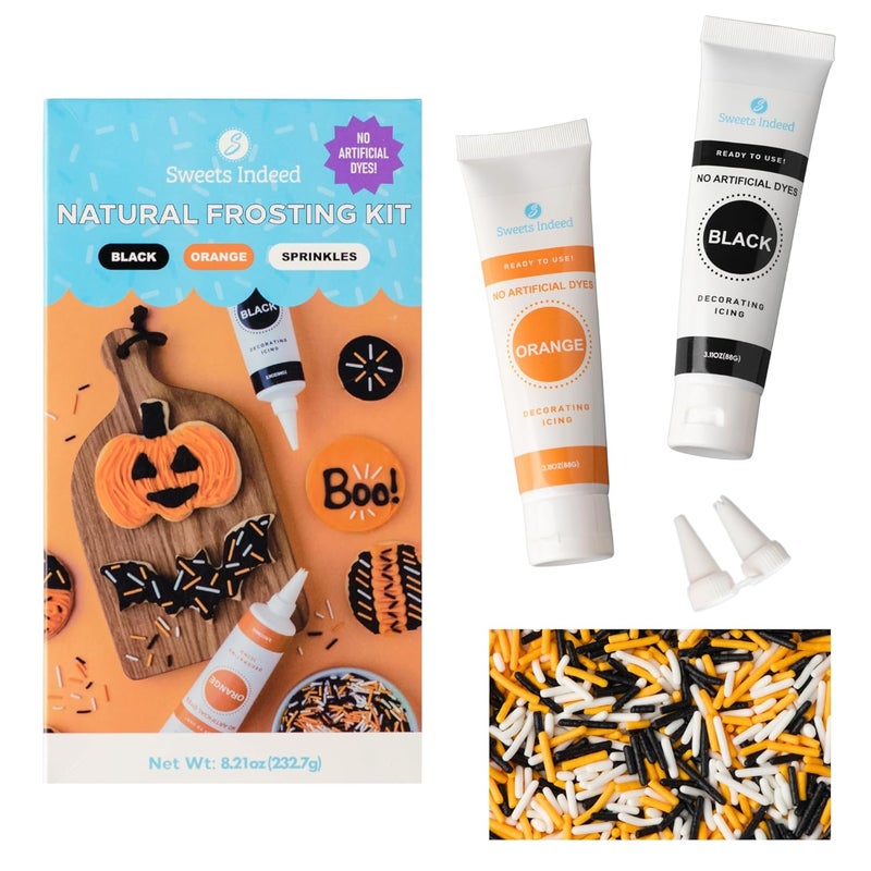 Sweets Indeed Dye-Free Halloween Frosting & Sprinkles Set – 8.22 oz | 2 Frosting Tubes (Orange & Black) + 2 Decorating Tips + 2 oz Sprinkle Mix (Black, Orange & White) | No Artificial Dyes Cupcake & Cookie Decorating Kit - Image 1