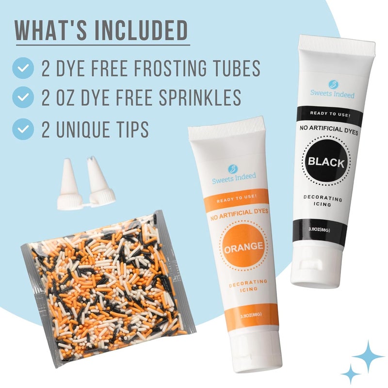 Sweets Indeed Dye-Free Halloween Frosting & Sprinkles Set – 8.22 oz | 2 Frosting Tubes (Orange & Black) + 2 Decorating Tips + 2 oz Sprinkle Mix (Black, Orange & White) | No Artificial Dyes Cupcake & Cookie Decorating Kit - Image 2