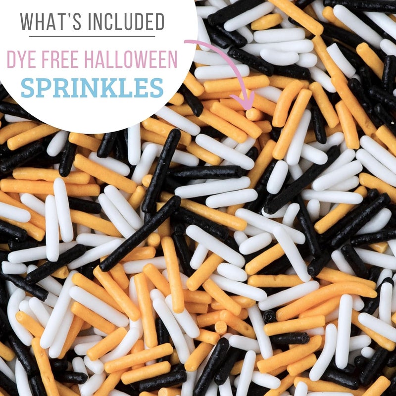 Sweets Indeed Dye-Free Halloween Frosting & Sprinkles Set – 8.22 oz | 2 Frosting Tubes (Orange & Black) + 2 Decorating Tips + 2 oz Sprinkle Mix (Black, Orange & White) | No Artificial Dyes Cupcake & Cookie Decorating Kit - Image 3