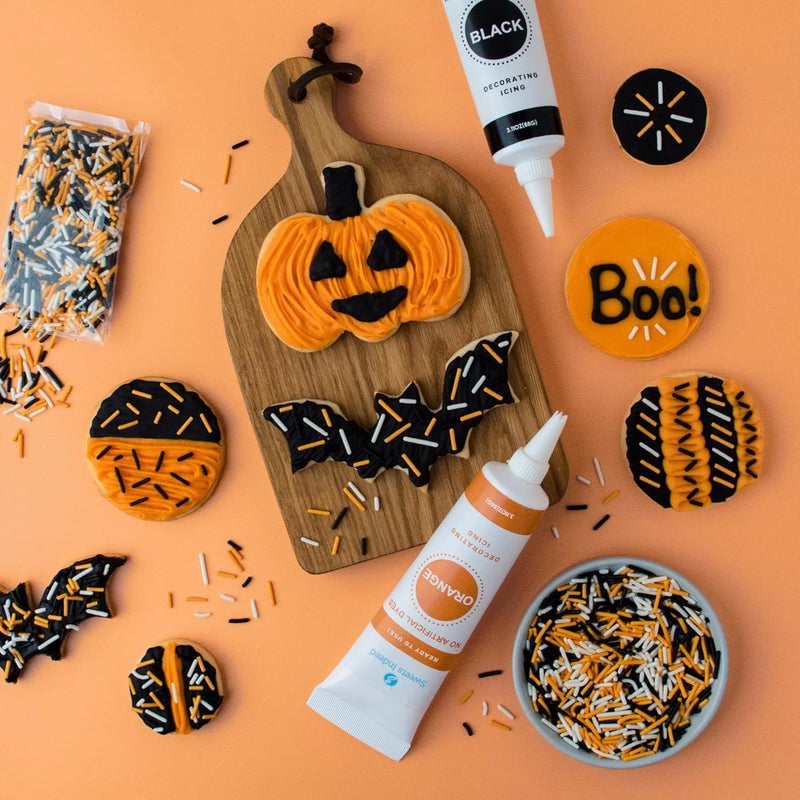 Sweets Indeed Dye-Free Halloween Frosting & Sprinkles Set – 8.22 oz | 2 Frosting Tubes (Orange & Black) + 2 Decorating Tips + 2 oz Sprinkle Mix (Black, Orange & White) | No Artificial Dyes Cupcake & Cookie Decorating Kit - Image 5
