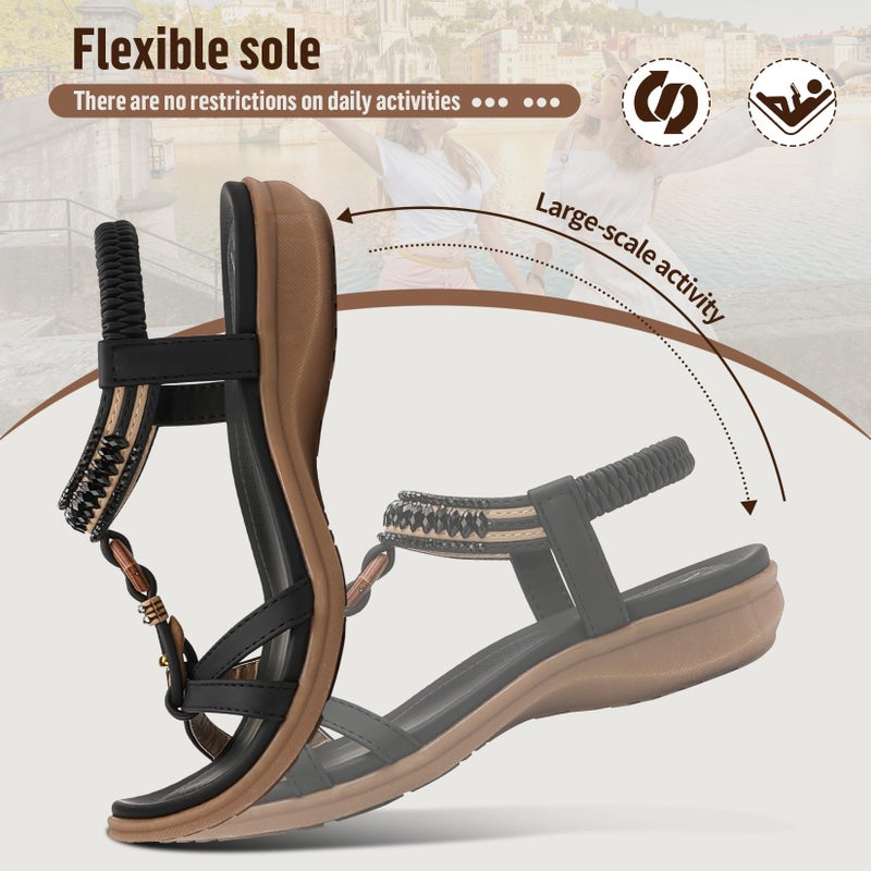 Littleplum Womens Flat Sandals Arch Support Summer Beach Sandals Comfort Walking Shoes Dress Ankle Elastic Bohemian Sandals for Women Black Size 9 - Image 5