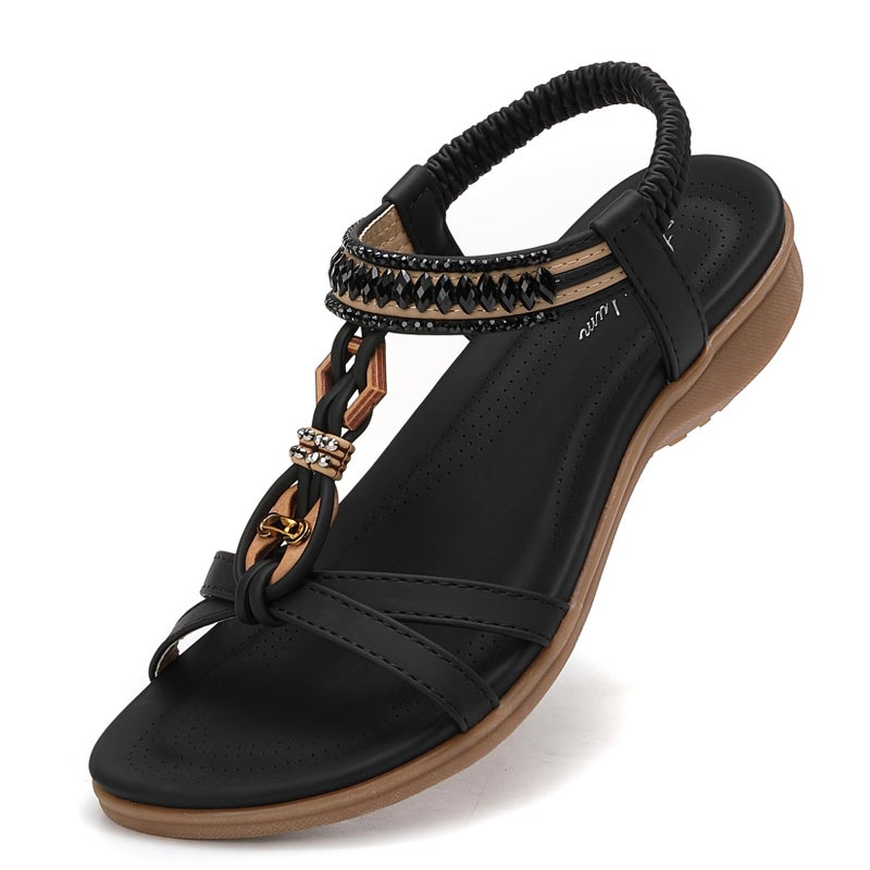 Littleplum Womens Flat Sandals Arch Support Summer Beach Sandals Comfort Walking Shoes Dress Ankle Elastic Bohemian Sandals for Women Black Size 9 - Image 1