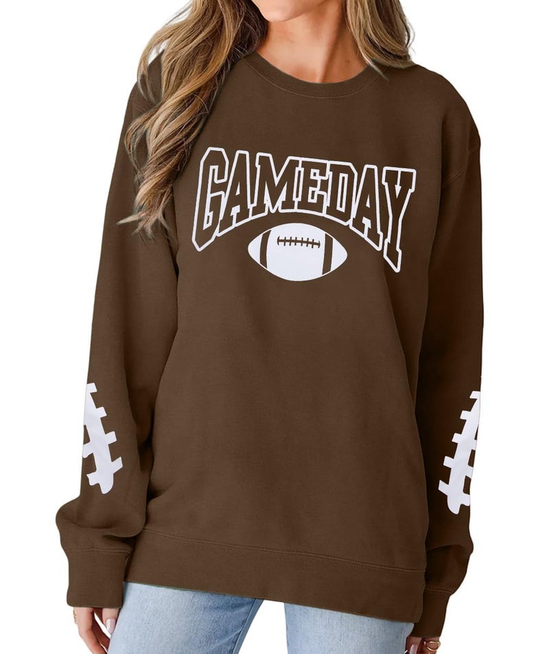 FAYALEQ Game Day Sweatshirts Women Football Sweatshirt Football Rugby T-Shirts Casual Game Day Fan Pullover Top Brown - Image 2