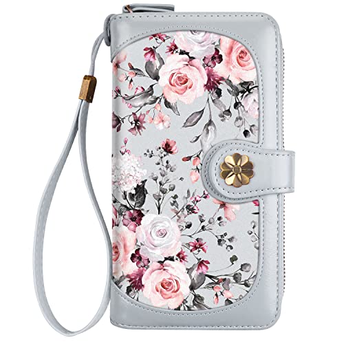 Coco Rossi Wallets for Women Multi Card Holder Wallet Clutch Wallet Card Holder Organizer Ladies Purse with Wrist strap Purse,Grey Flowers - Image 1