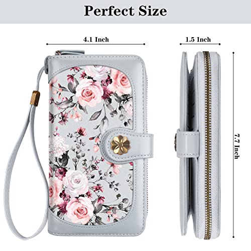 Coco Rossi Wallets for Women Multi Card Holder Wallet Clutch Wallet Card Holder Organizer Ladies Purse with Wrist strap Purse,Grey Flowers - Image 4