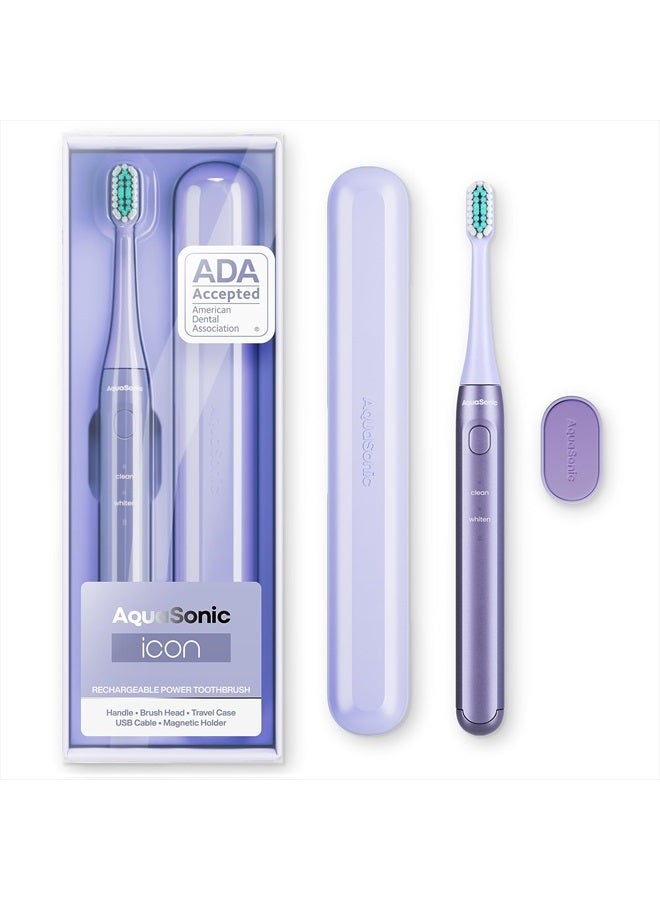 Aquasonic Icon ADA-Accepted Rechargeable Toothbrush | Magnetic Holder & Slim Travel Case | 2 Brushing Modes & Smart Timers | Gentle Micro-Vibrations (Lilac) - Image 1